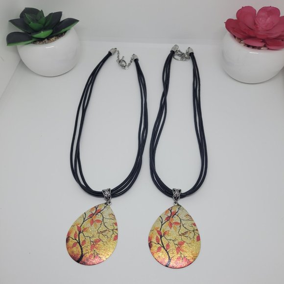 3 Strand Distressed Leather Necklace with Fall Scene Pendant - Picture 6 of 6